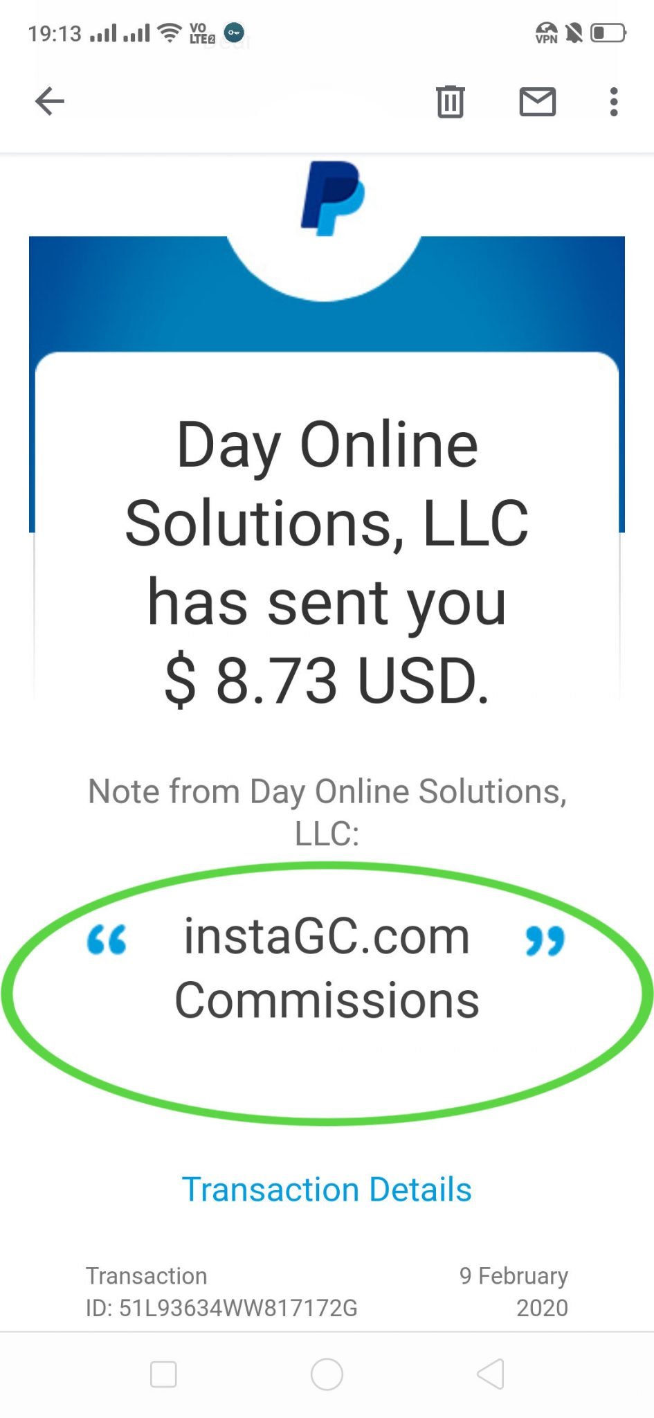 InstaGC PayPal Payment Proof